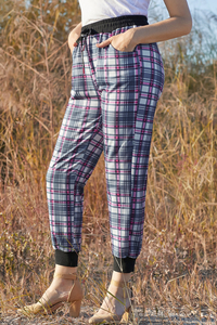 Stockpapa ladies High Waisted Drawstring Plaid Joggers Over Left 