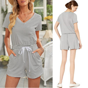 Stockpapa V Neck Short Sleeves Striped Romper