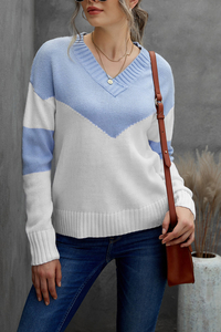 Color Block Design V Neckline Ladies Sweater